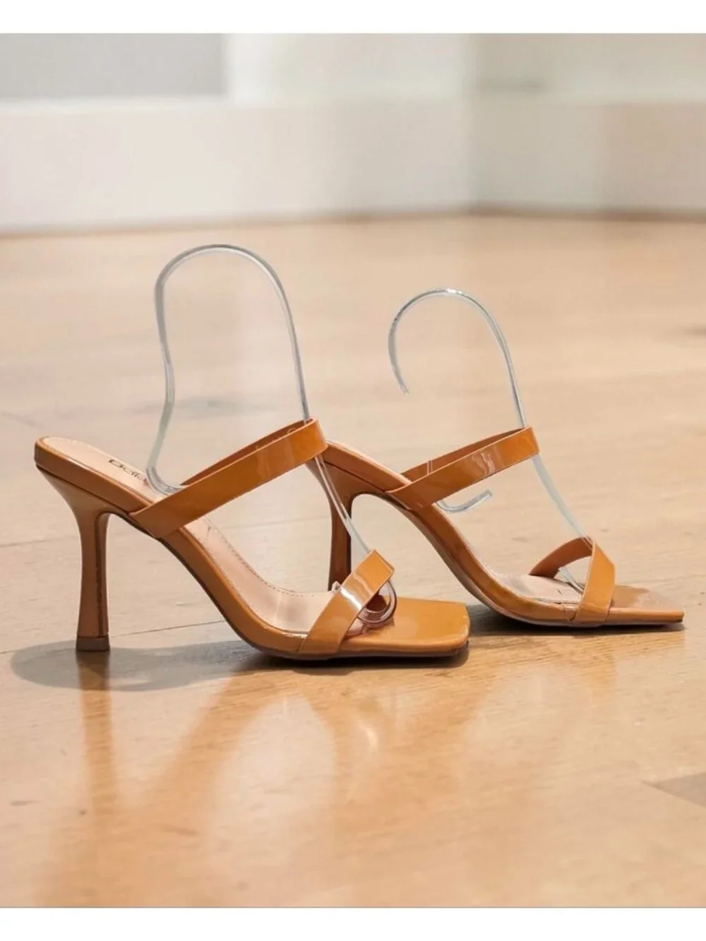 Strap Stiletto Heels With Square Toe & Tan Patent Faux Leather Accents For Women